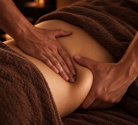Mains du praticien réalisant un massage de la zone abdominale, serviettes brunes